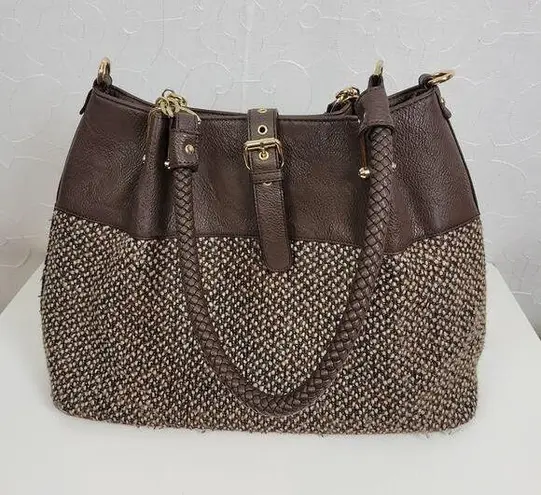 Black Rivet Womens Shoulder Bag Brown Leather Tweed Purse Buckle Strap Handbag