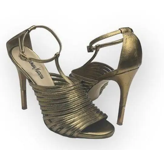 Neiman Marcus π€ T-Strap Stiletto Heeled Sandal π€ Metallic Gold Leather π€ 8M