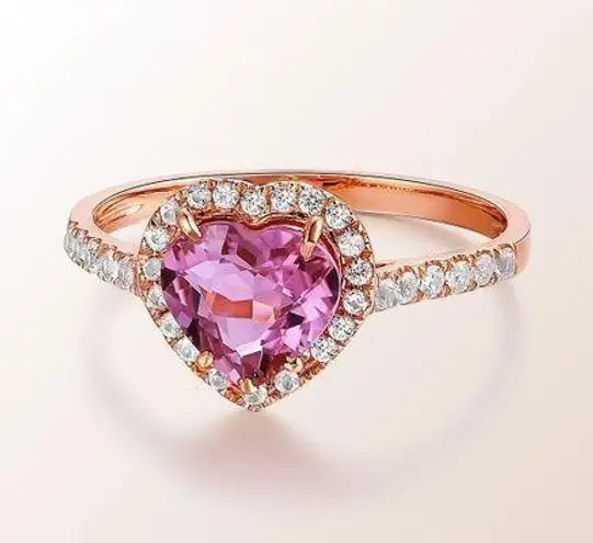 14K Rose Gold Plated Adjustable Pink Gemstone Crystal Love Heart Ring for Women