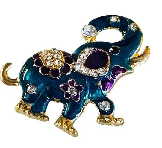 Circus Elephant Trunk Up Brooch Pin Metal Enamel Colorful Rhinestone Accents