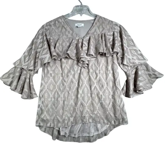 Haute Hippie Blouse Ruffle Bell Sleeve V Neck Patterned Top Gray Boho Womens XS