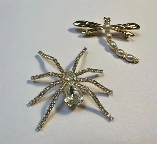 Lot Of 2 Insects Brooch Pins Dragonfly & Spider Gold Tone