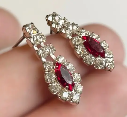 Vintage Rhinestone Drop Earrings Ruby Marquise Silver Tone Sparkle Jewelry