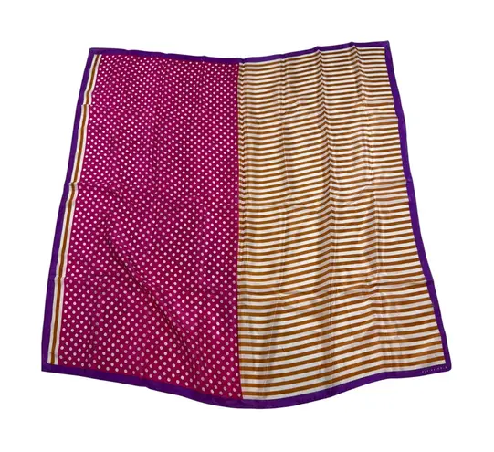 Elaine Gold Silk Scarf – Pink Polka Dot Brown Stripe Purple Border Twilly