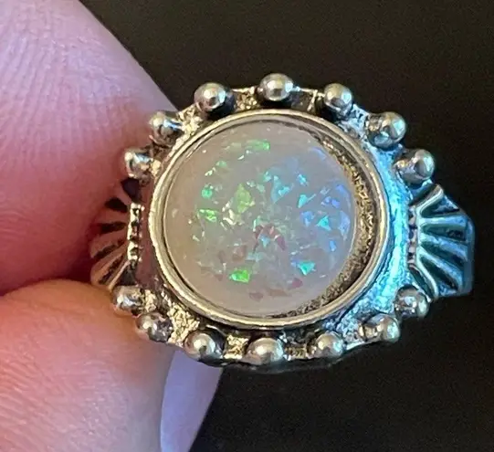 Round simulated opal silver plated ring size 6.5