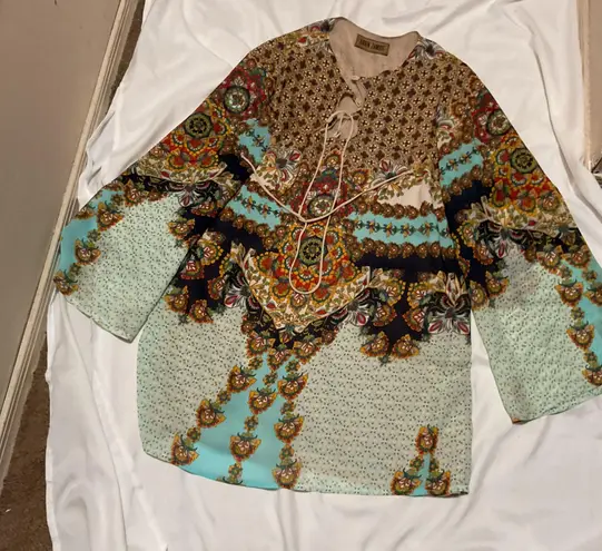 Karen Zambos Tie Up Front Long Sleeve Dress with Beige Underlay Size Large Blue