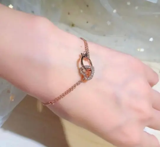 14K Rose Gold Plated Heart Ring Charm Bracelet for Women