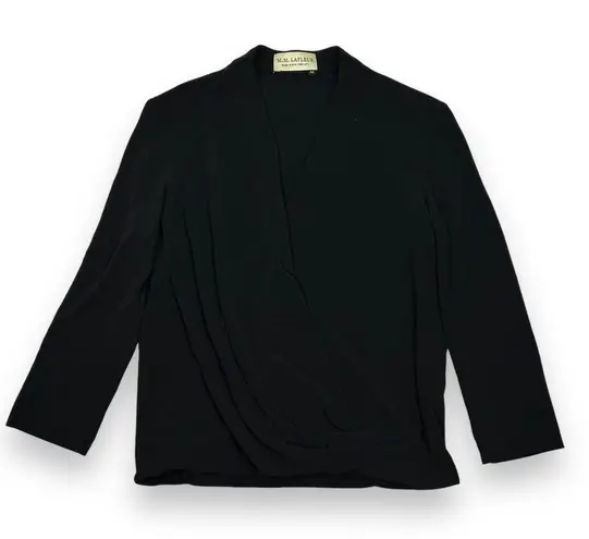 MM.LaFleur EUC M.M. Lafleur Elegant Black Wrap Top Long Sleeve Draped Blouse Womens XS