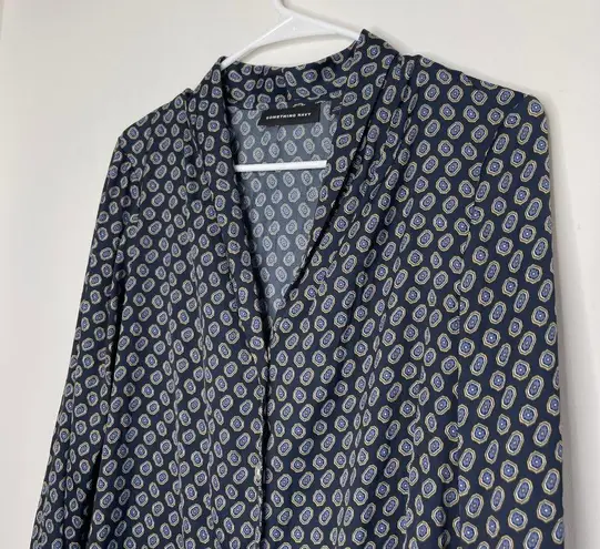 Something Navy Blue Silky Geometric Print Casual Button Up Shirt Top