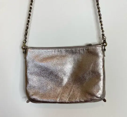 Elliot Lucca Messina silver metallic pewter leather 3 zip crossbody bag purse