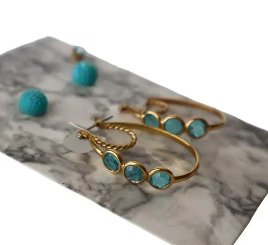 Gold & Turquoise Hoop Earrings Set With Studs For Women