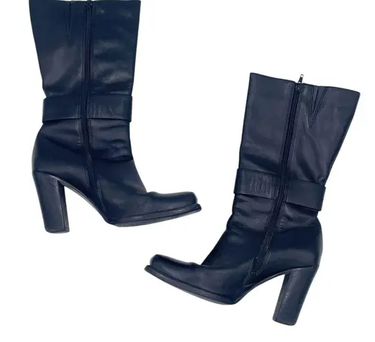 Vintage Y2K Black Leather Square Toe Buckle Strap Heeled Boots Size 9.5 Biker