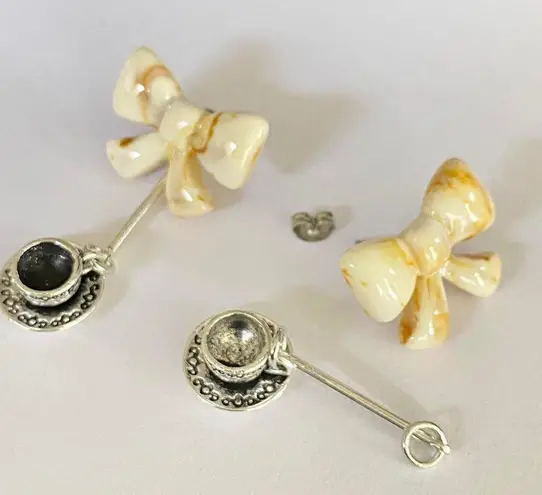 Handmade Kawaii ribbon & tea cup dangle earrings 💚 2WAY & original :)