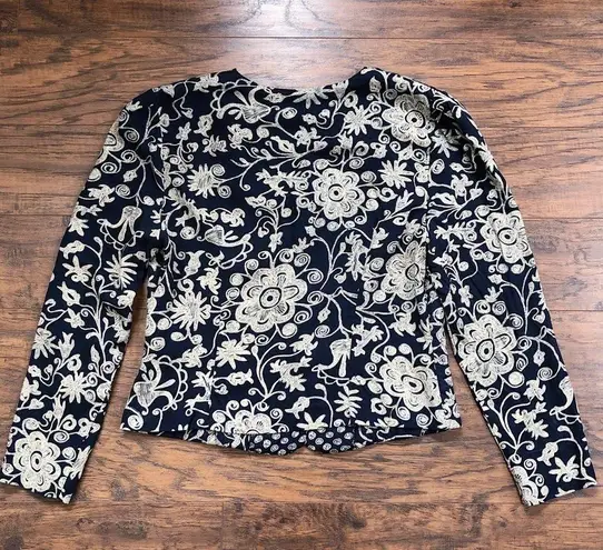 vintage • 90s floral quilted jacket navy cream rayon cropped JSJ Petites boho