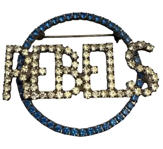 1990s High School Vintage REBELS Rhinestone Brooch Pin Crystal Sparkle Lapel Blue