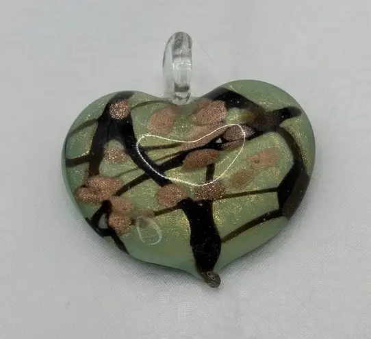 MURANO Style Hand Blown Glass Heart Pendant w/Ribbon Beautiful Green And Smoke