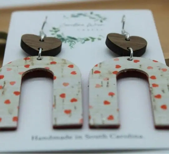 Handmade Cork on Leather and Wood Heart Arch Lightweight Earrings