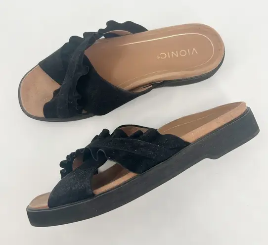 Vionic Womens Azalea Suede Ruffle Criss Cross Slide Sandals Size 8.5 Black