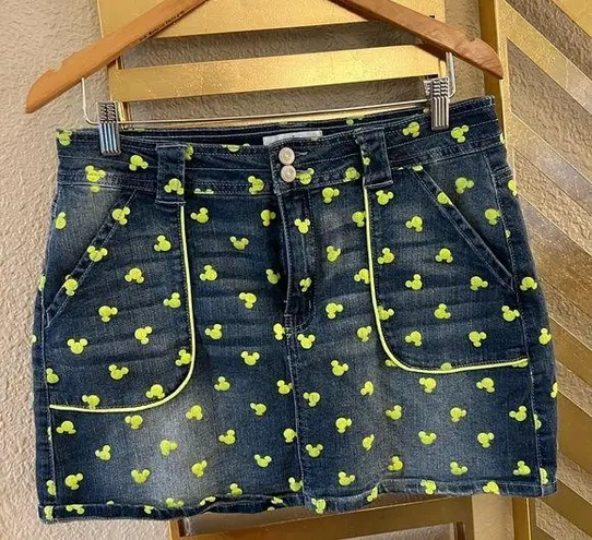 Disney  NEON green/yellow all over Mickey head/ears denim skirt size Large.