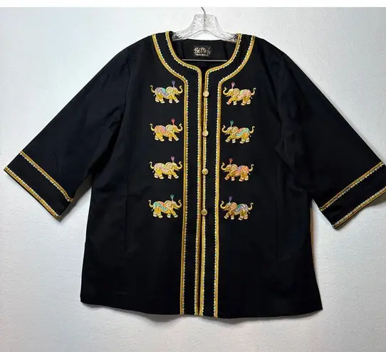 Bob Mackie wearable art black coat embroidered Elephants gold logo buttons large