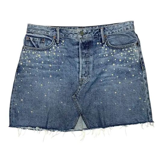Milla Embellished Crystal & Pearls Raw Hem Frayed Mini Denim Skirt Jean Skirt in Solstice Blue Size M