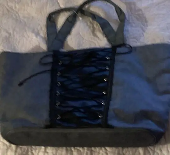 Victoria's Secret Dark Grey Denim Lace Corset Pink satin handbag purse tote bag Gray