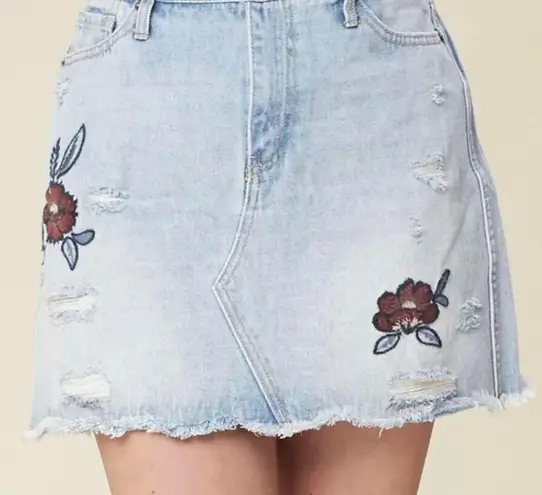 Altar'd State Distressed Denim Skirt With Embroidered Flowers