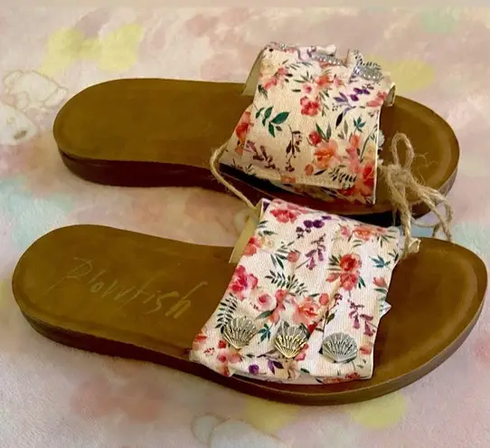 Blow Fish Malibu Sunrise slides, baby pink with roses & leather sole (NEW) 7.5