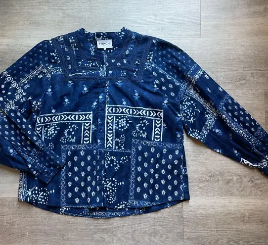 FRNCH Paris Floral Long Sleeves Cotton Button Front Shirt Size M Lace Accents