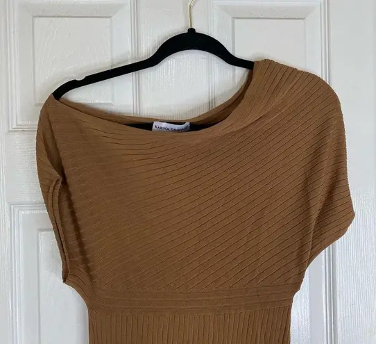 Karina Grimaldi Amber Knit Midi Dress in Camel Size Small One Shoulder Ribbed