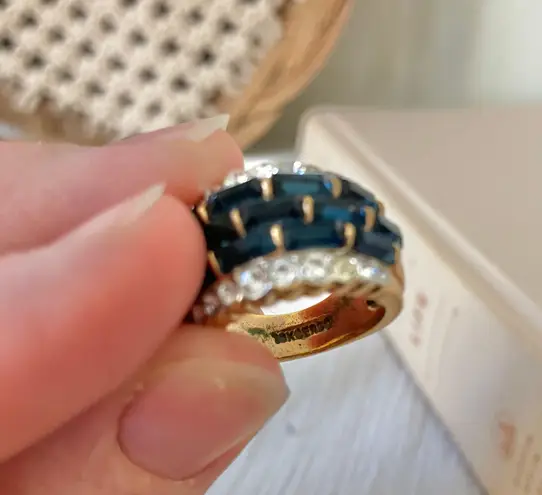 18KGE RSC Blue Glass Statement Ring Covenant Elegant Vintage Sparkly Glam Jewelry