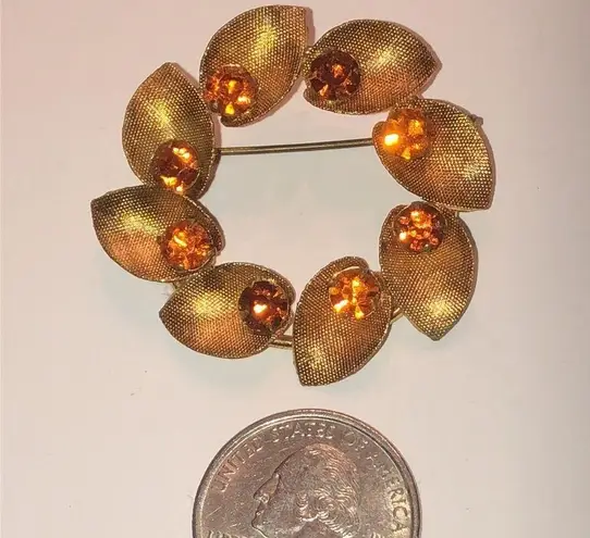 Austria Vintage Gold Tone Amber Color CZ Rhinestone Round Floral Brooch