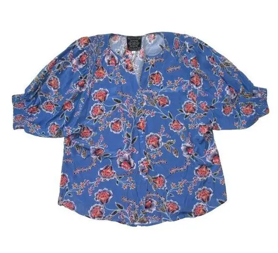 Johnny Was NWT Jade Raine Easy Blouse in Blue Floral Silk Puff Sleeve Top M