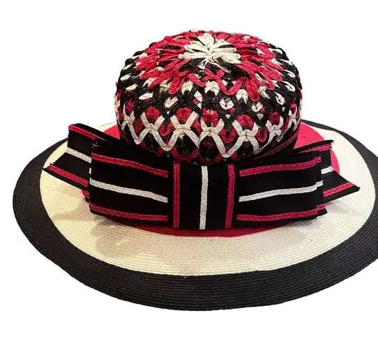 Rare Vintage Yves Saint Laurent Pink Bone Navy Raffia Woven Wide Brim Bow Hat.