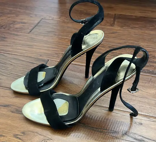 Brian Atwood Black Catania Strappy Heels gold ankle strap buckle stiletto
