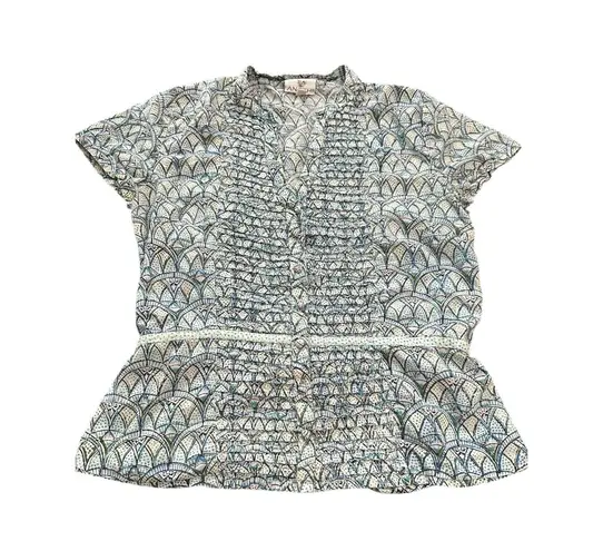 Anokhi Blouse XS Blue Indian Cotton Block Button Shirt Boho Hippie Ruffle #BB1