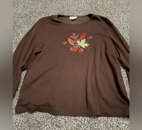 Breckenridge Brown Fall Autumn Embroidered Leaves Long Sleeve Shirt L