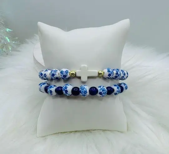 Ceramic Floral mix Beaded & Cross Stretch Bracelet Duo Blue