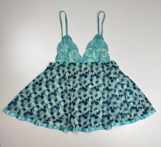 Y2K Blue Floral Lace Sequin Babydoll Lingerie Slip Dress Size Large Mermaidcore