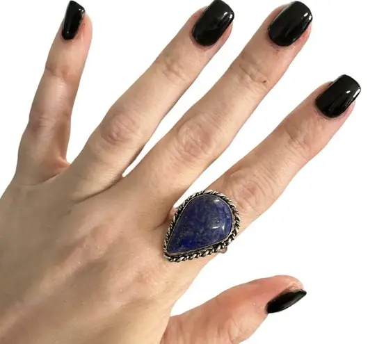 Boutique Lapis lazuli teardrop semi-precious gemstone ring sterling silver plated 8.5