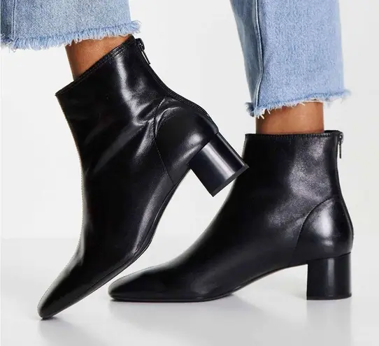 Mango  | leather ankle mid heeled boots Round toe black 38