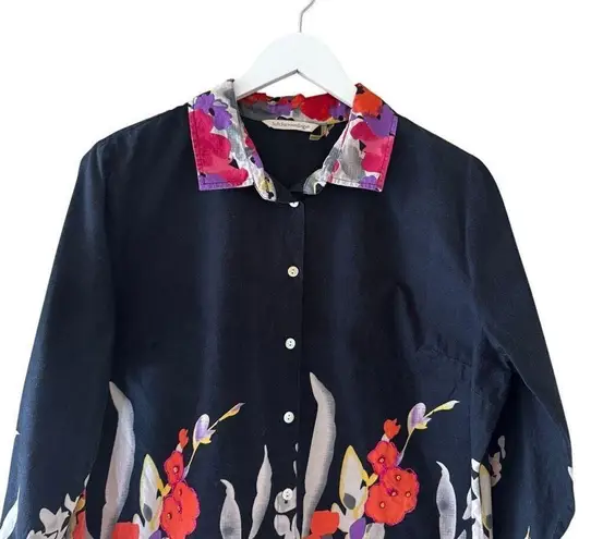 Soft Surroundings Black Floral Cotton Button Down Shirt Dress SZ PL #2424