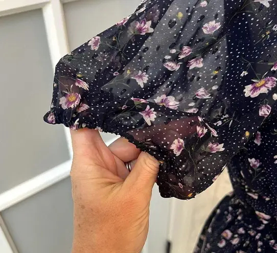 Floret Studios Floral Navy Blue MIDI Smocked Chiffon Maxi Dress Size Small