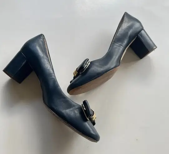 Louise et Cie Women’s Lilla Leather Bow Heels Navy Blue Gold Size 7M Slip On