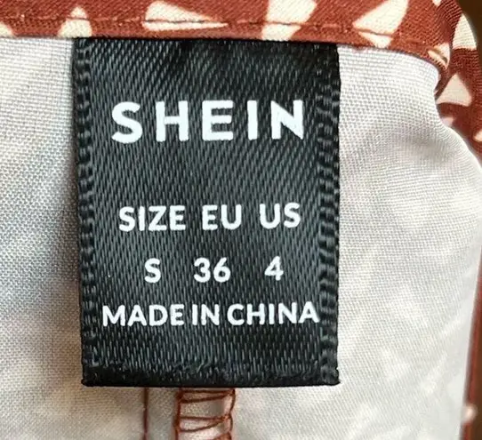 Women’s Red Brown Geometric Print Short Sleeve Tie Wrap Blouse Size Small