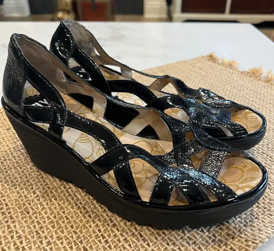 Fly London Black Patent Leather Wedge Sandals Cutout Strappy Women Size 8