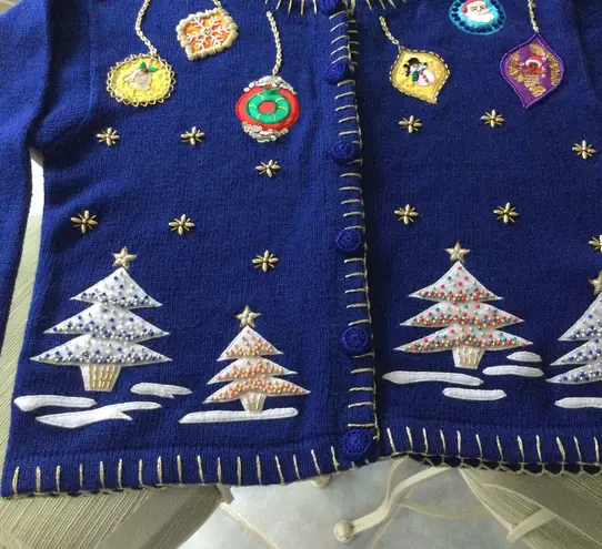 Vintage Victoria Harbour Embellished Christmas Sweater Cardigan Blue Ugly Size M