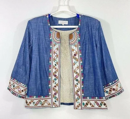 Indigo Blue Souk Hand Embroidered Open Jacket Chambray Size Large