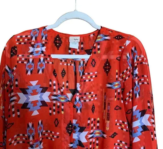 Daytrip  Buckle Blouse Size Medium Red Boho Southwestern Print Button Knot Front