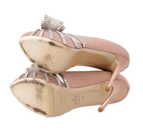 Valentino Garavani Women's Pale Pink Rhinestone-Bow Satin Pump Sz 38